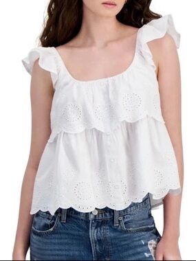 Romantic Feminine White Eyelet Ruffle Tank Top with Scalloped Hem - Planet Heart